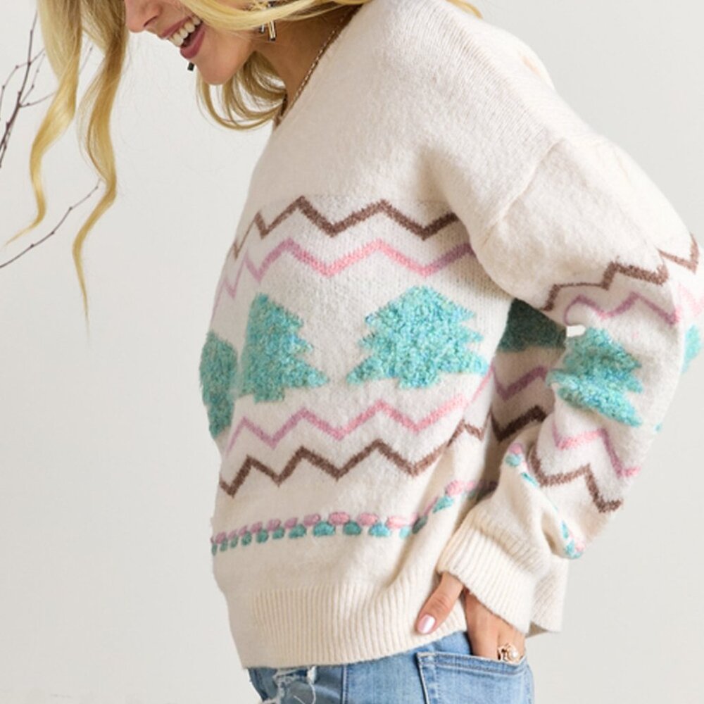 B230 White Striped Christmas Tree Ribbed Trim Drop Shoulder Sweater - Picture 3 of 4